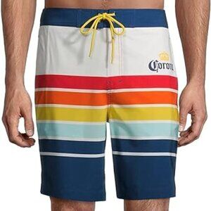 Corona Extra Mens Multi-Colored Striped Swim Trunks w Mesh Lining and Drawstring